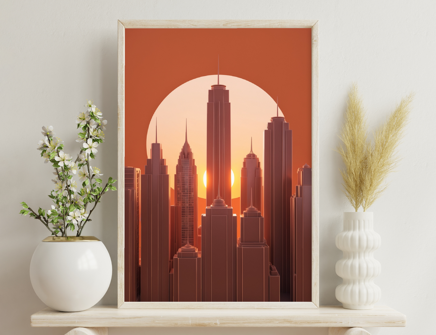 Stylized cityscape illustration at sunset with silhouettes of skyscrapers and buildings in shades of orange and red against a luminous sun.
