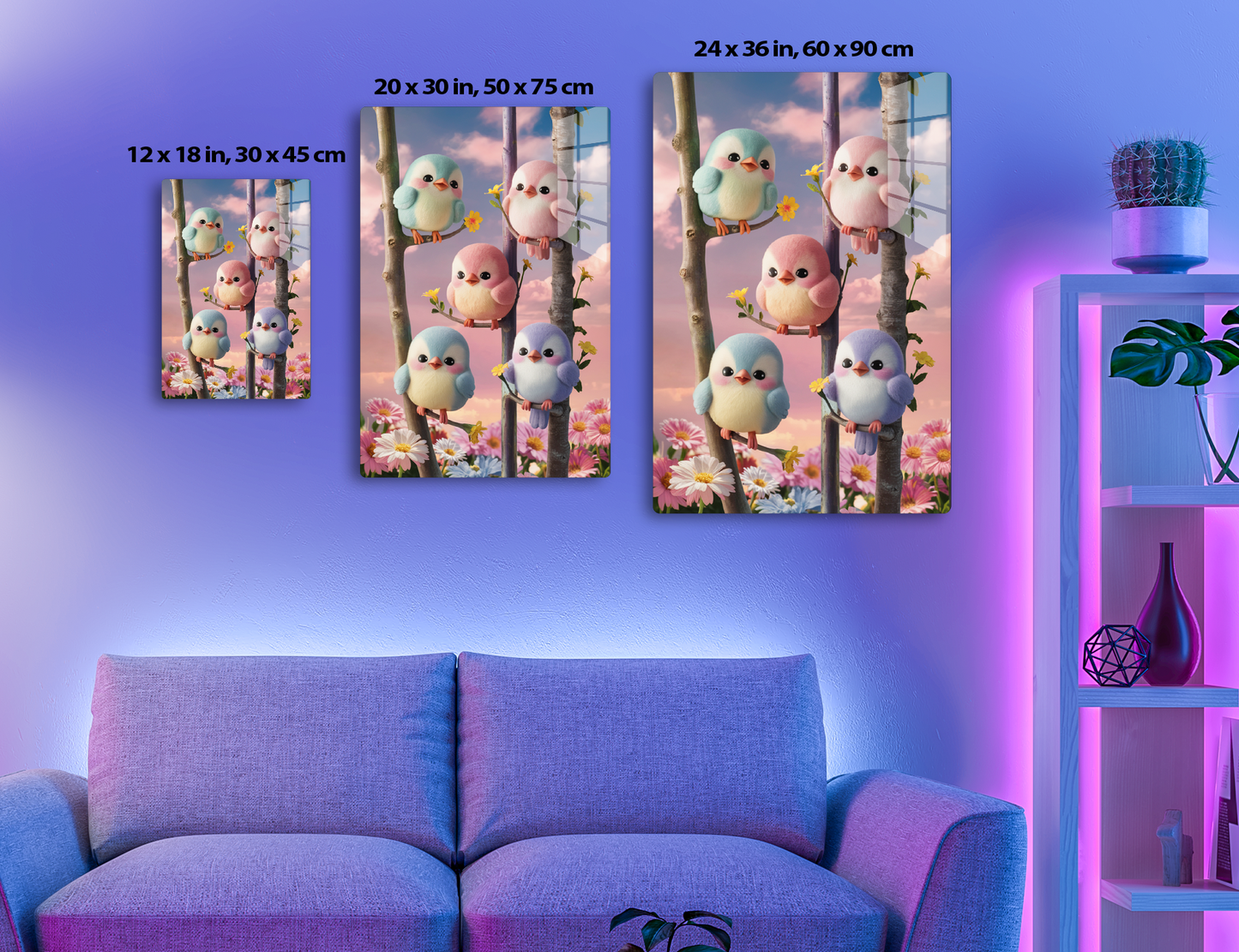 A group of five adorable, plump birds in pastel blue, pink, and purple colors perched on branches surrounded by blooming pink, yellow, and white flowers against a dreamy cloudy sky backdrop.