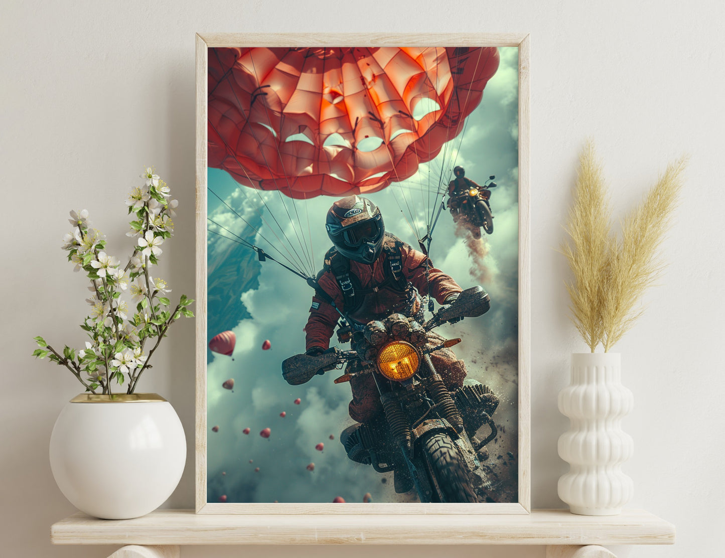 A skydiver on a motorcycle descends with a large red parachute, surrounded by balloons in a surreal sky scene.
