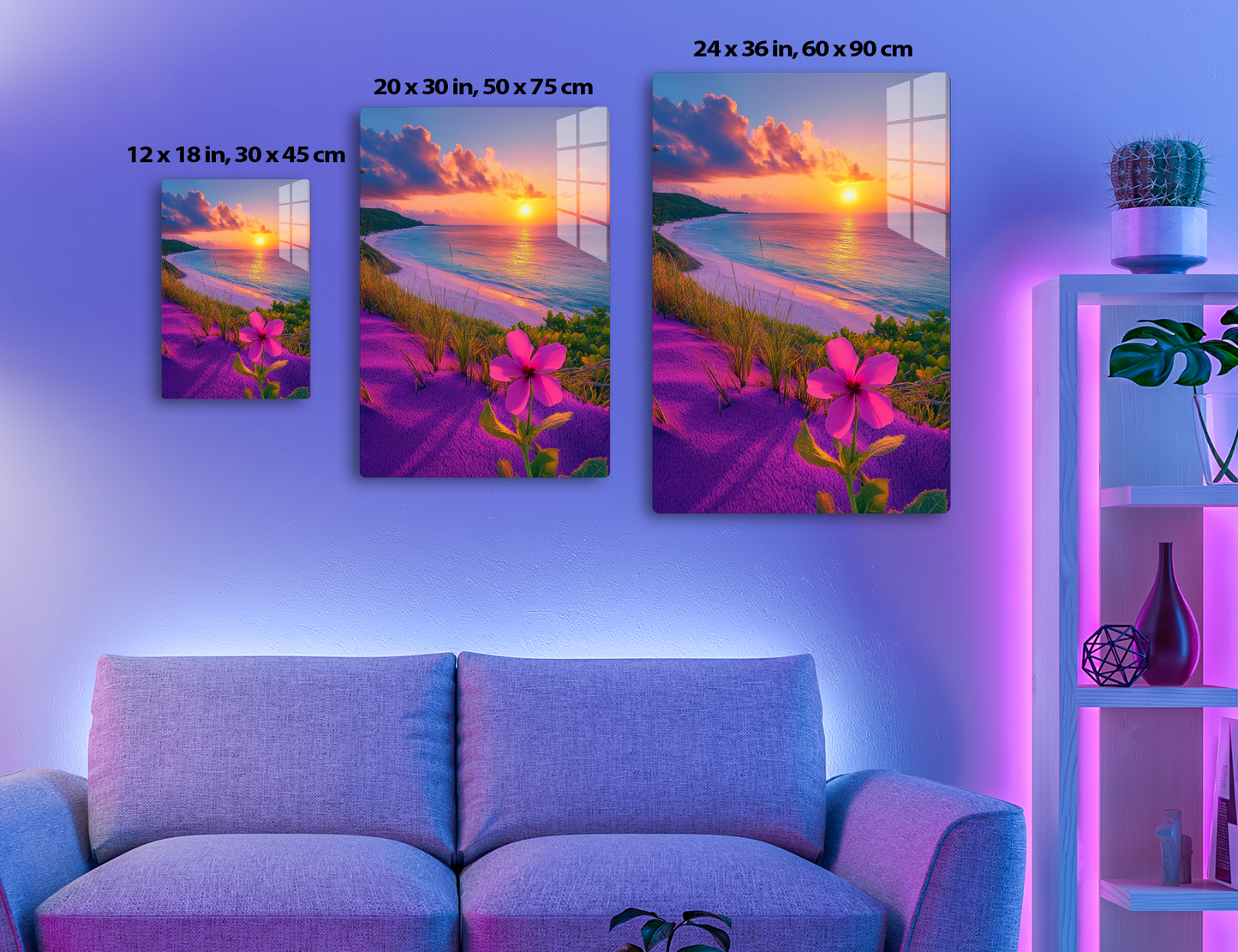 Stunning tropical beach sunset with vibrant pink and orange sky reflected in calm waters, pink flower in foreground and beach vegetation.