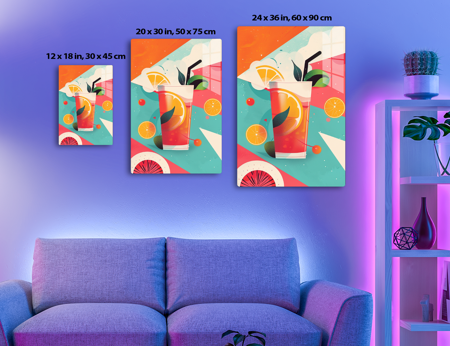 A stylized illustration of a tropical drink garnished with an orange slice and a leafy straw, surrounded by abstract shapes and patterns in vibrant orange, pink, and teal colors.