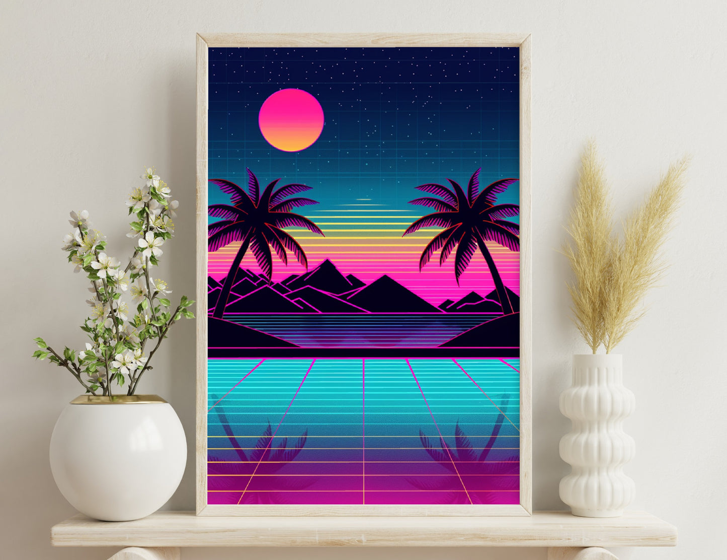 A retro futuristic landscape with a large pink sunset or sunrise, pyramids, palm trees and a tiled surface reflecting the vibrant neon colors of the sky and geometric patterns.