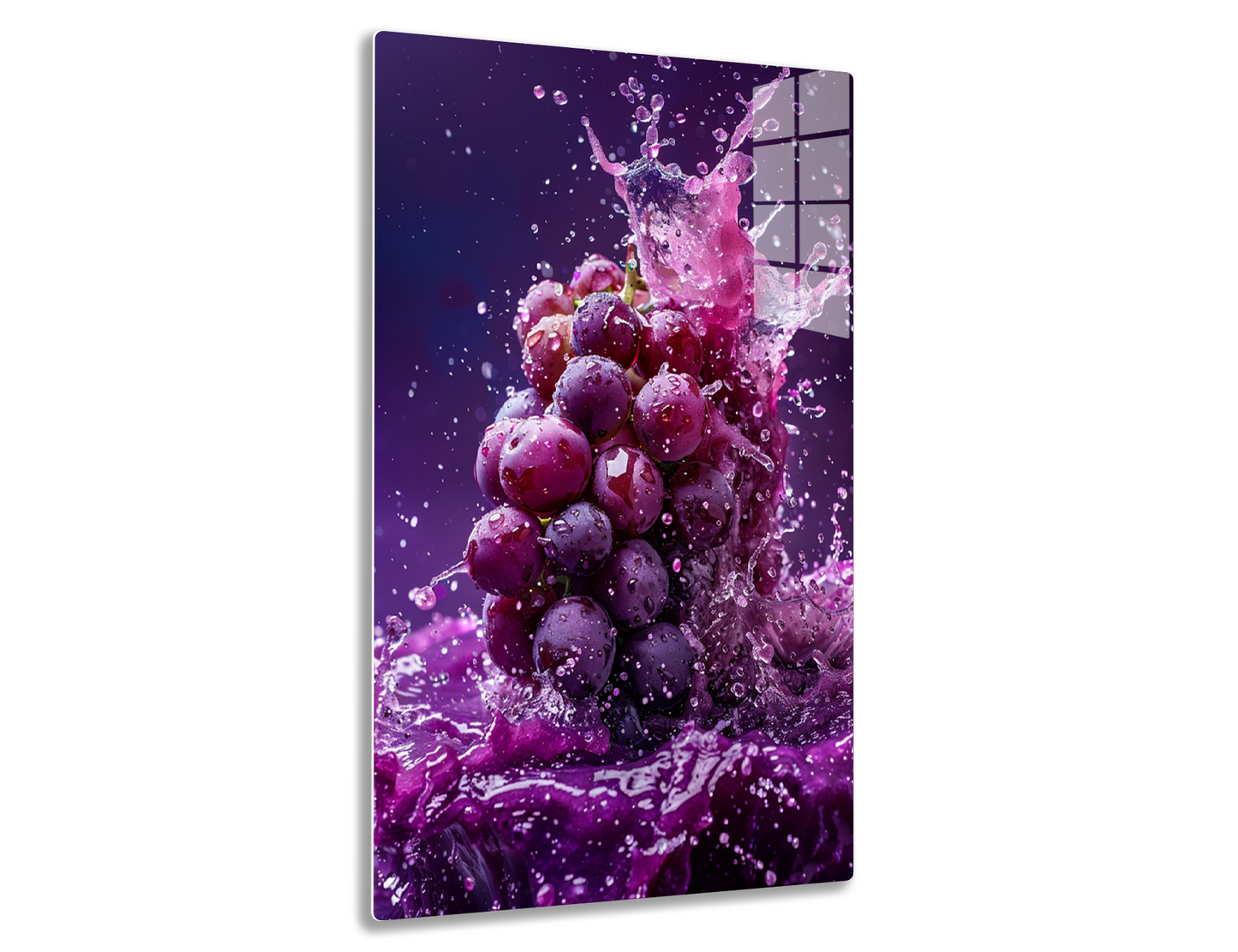A cluster of ripe purple grapes with water droplets splashing around them, creating a vibrant and dynamic image against a purple background.