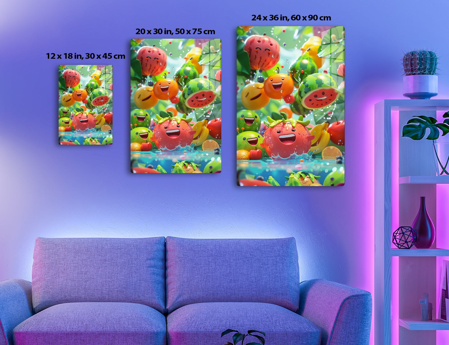 A vibrant and whimsical scene depicting various happy and smiling fruits like oranges, watermelons, and strawberries splashing and enjoying themselves in a lively fruit world filled with water droplets and bubbles.