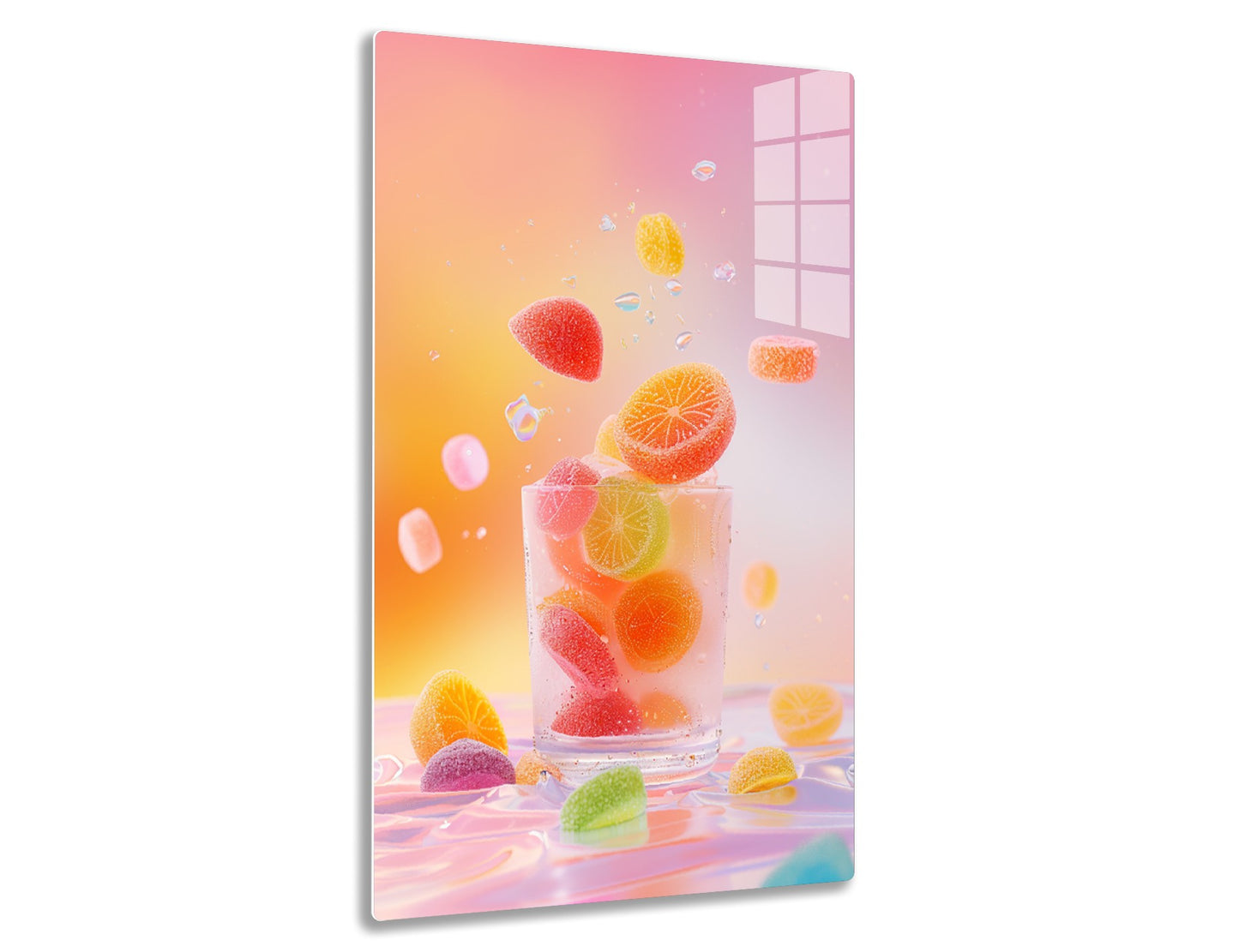 Colorful gummy candy slices made to look like citrus fruit pieces spilling out of a glass against a vibrant gradient background.