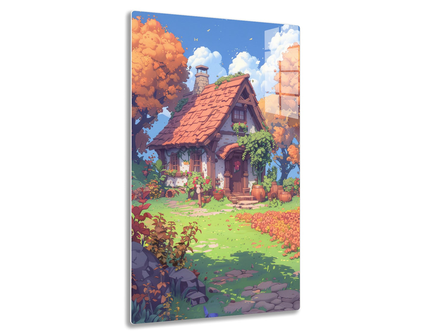 A charming cottage nestled in an autumnal forest, with a tiled roof, stone chimney, and lush gardens surrounding a small pond. The warm colors and whimsical details create a cozy, fairytale-