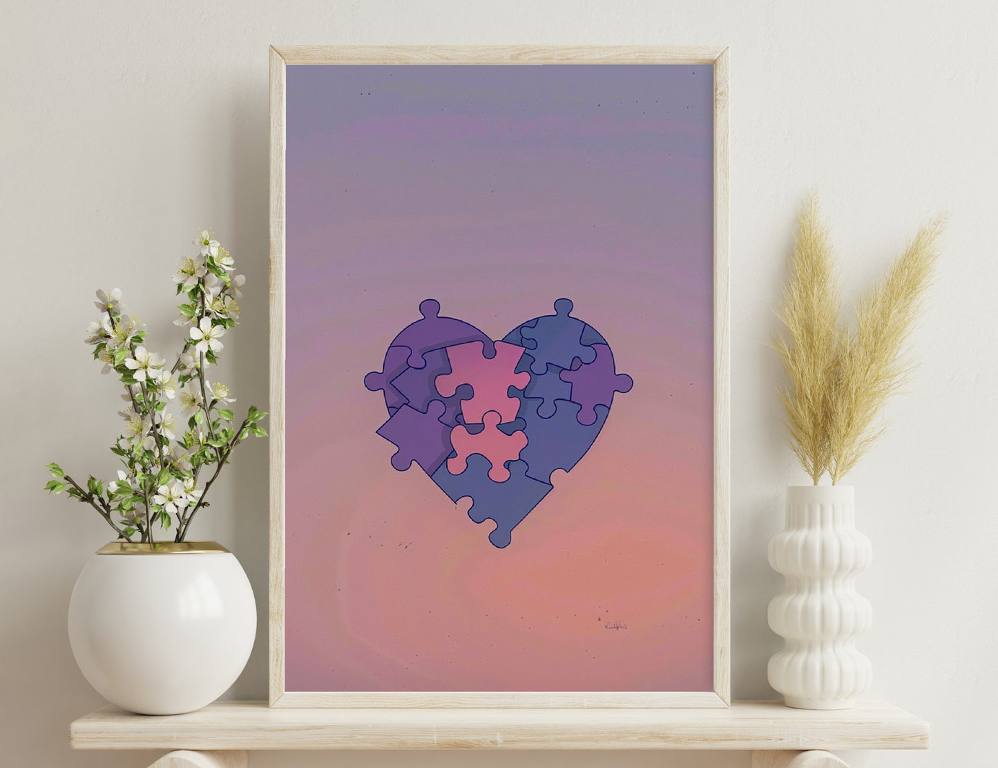 A stylized heart shape formed by interlocking puzzle pieces in shades of blue and purple against a gradient pink and purple sky background.