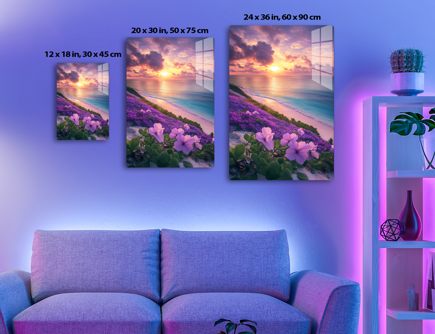 A stunning sunset over the ocean, with vibrant purple and orange clouds reflecting on the calm water. In the foreground, a field of blooming purple flowers adorns the sandy beach, creating a serene and picturesque coastal scene.
