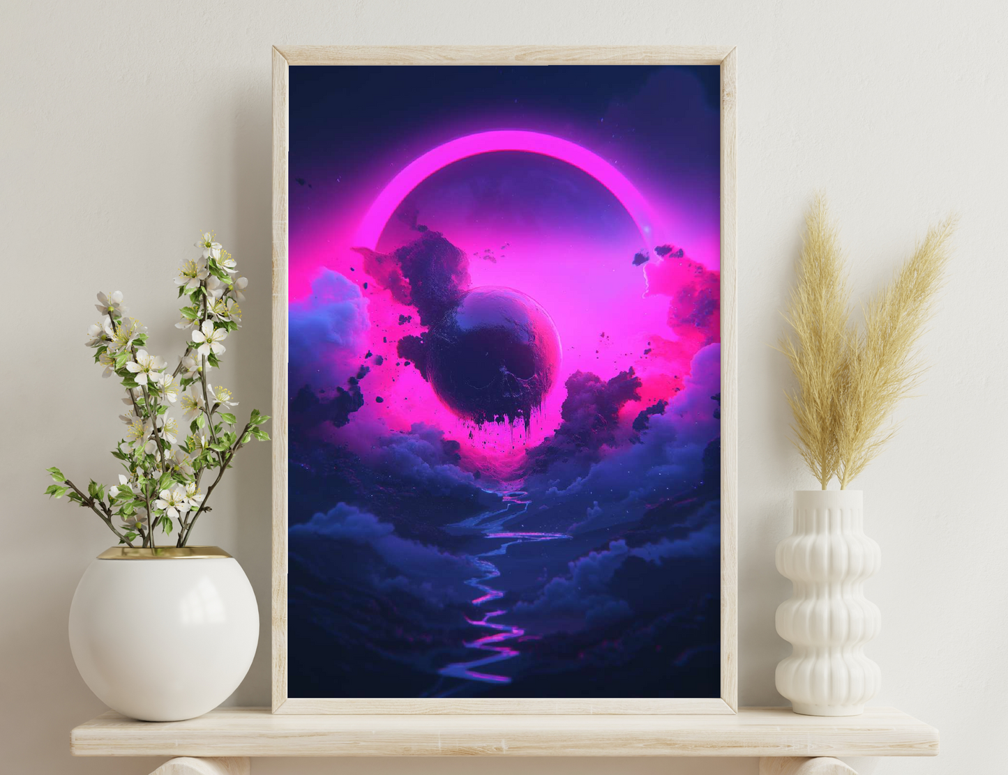 A surreal digital artwork depicting a large skull formed by purple smoke against a pink halo in a cloudy sky, with a winding blue river reflecting the haunting scene.
