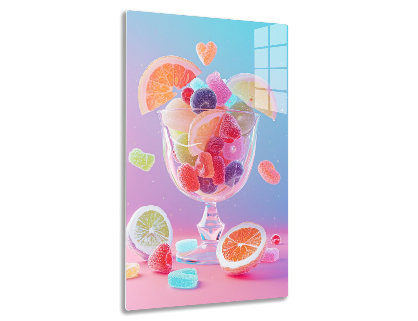 A glass bowl filled with colorful gummy candies in various fruity shapes, including orange slices, raspberries, and gummy hearts, against a soft pastel background.
