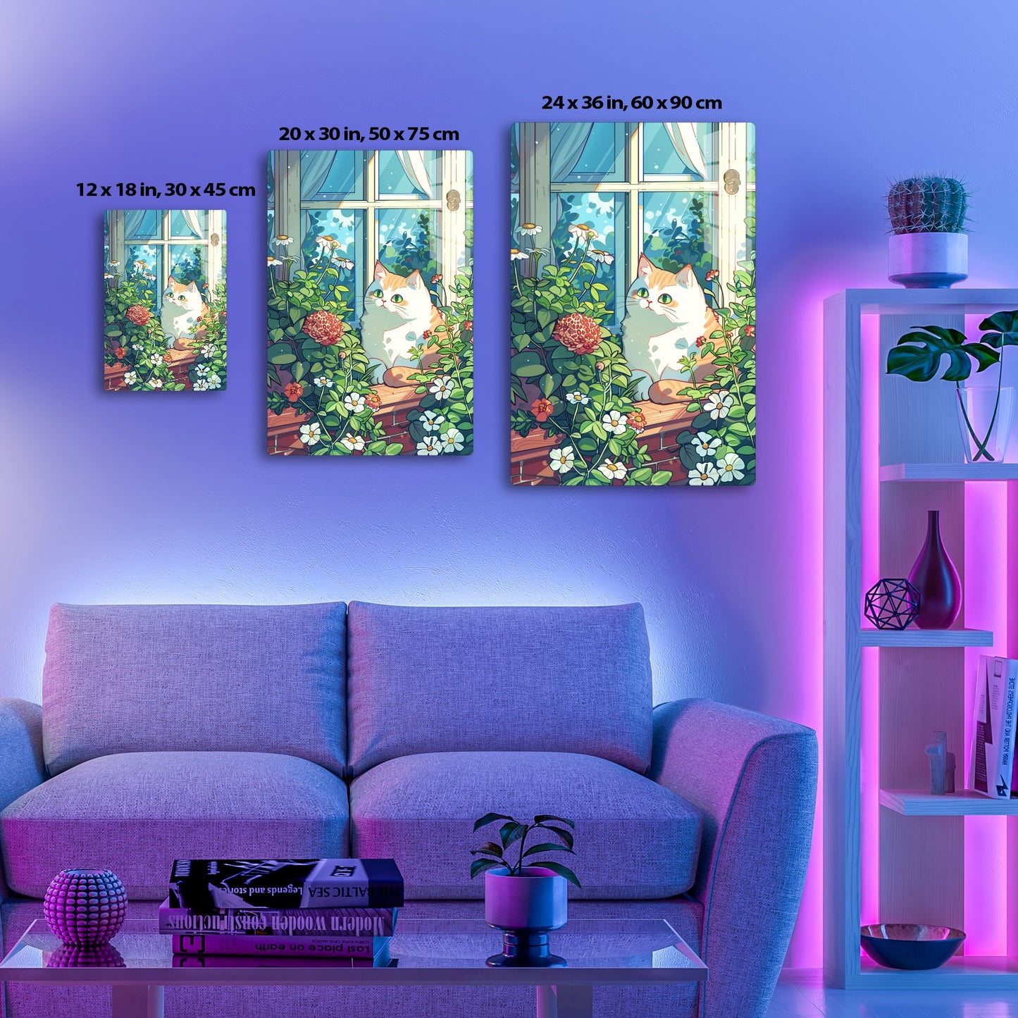 A cozy indoor garden setting with a curious cat peering through the window, surrounded by lush greenery, blooming flowers, and a vintage window frame with frosted glass panes.