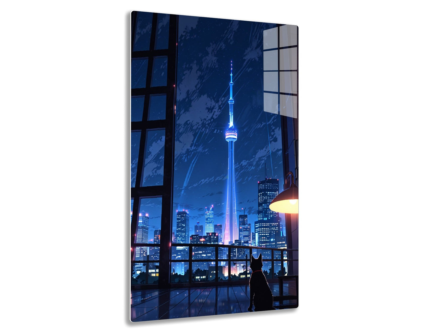A cat silhouette looks out a window at the CN Tower illuminated in blue against the Toronto skyline at night.
