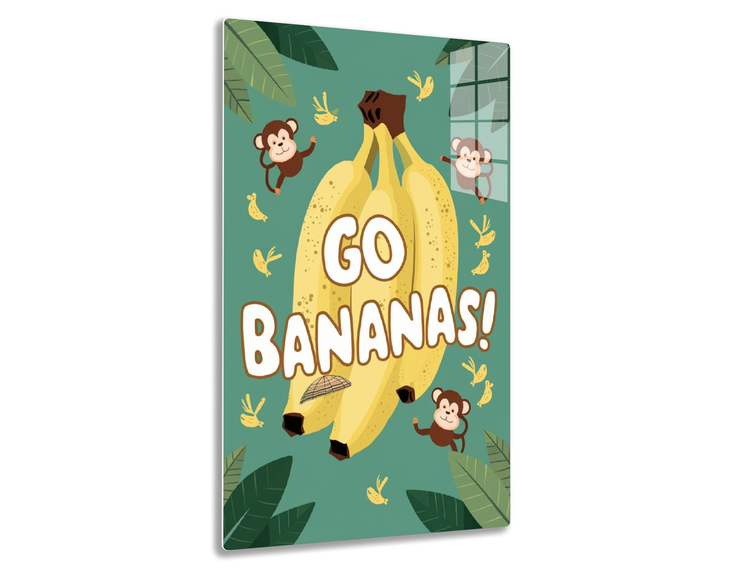 A playful illustration of monkeys swinging around a large banana bunch with "Go Bananas!" written on it, surrounded by tropical leaves and birds, conveying a fun and whimsical vibe.