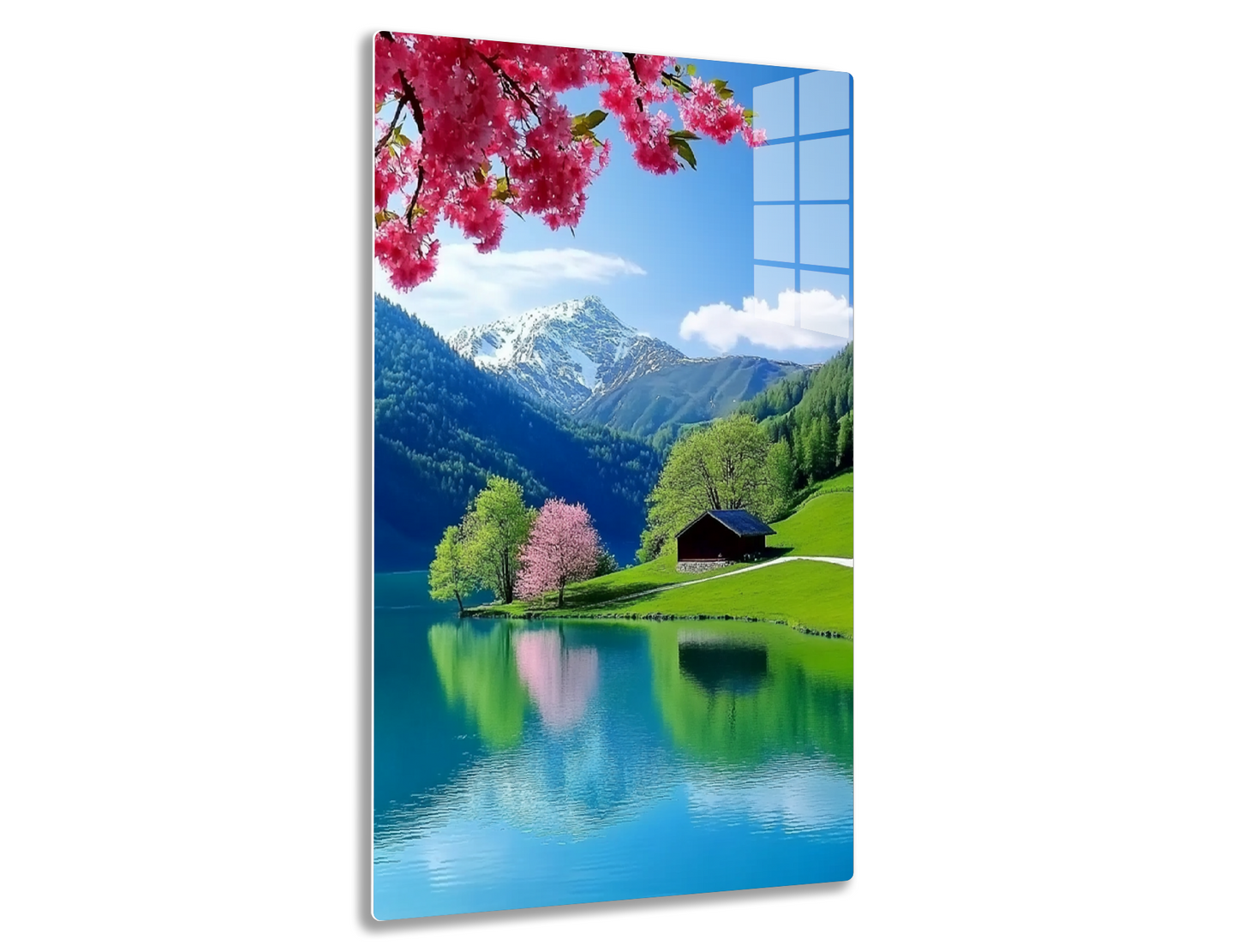 A serene alpine landscape with snow-capped mountains, a calm lake reflecting the surrounding trees in full pink blossom, a traditional wooden cabin, and lush green meadows under a bright blue sky.