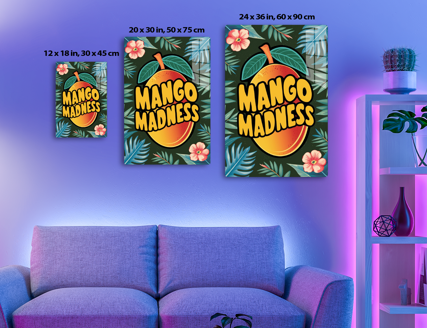 Mango graphic with bright colors, font styling and tropical leaves background suggesting a fun, fruity or tropical theme.