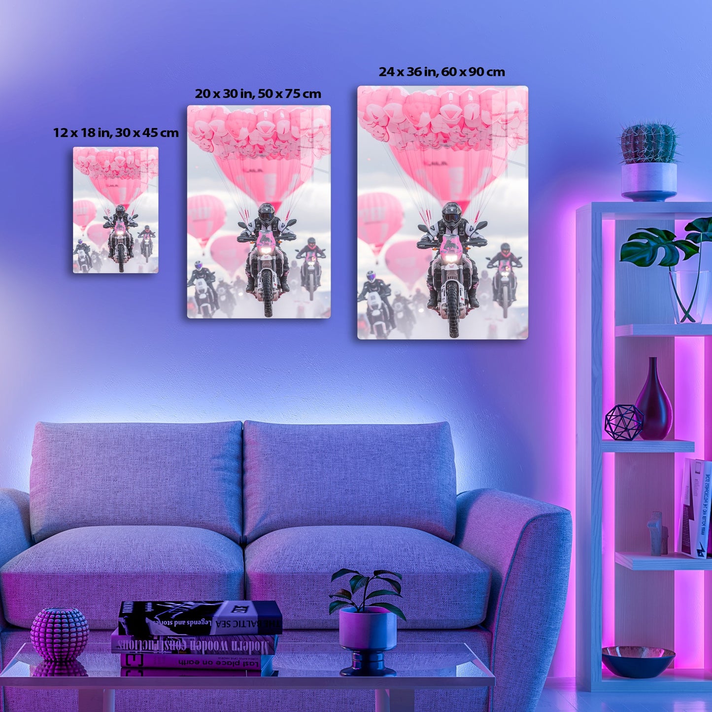 A motorcyclist rides amid a sky filled with dozens of pink balloons, creating a surreal and whimsical scene.