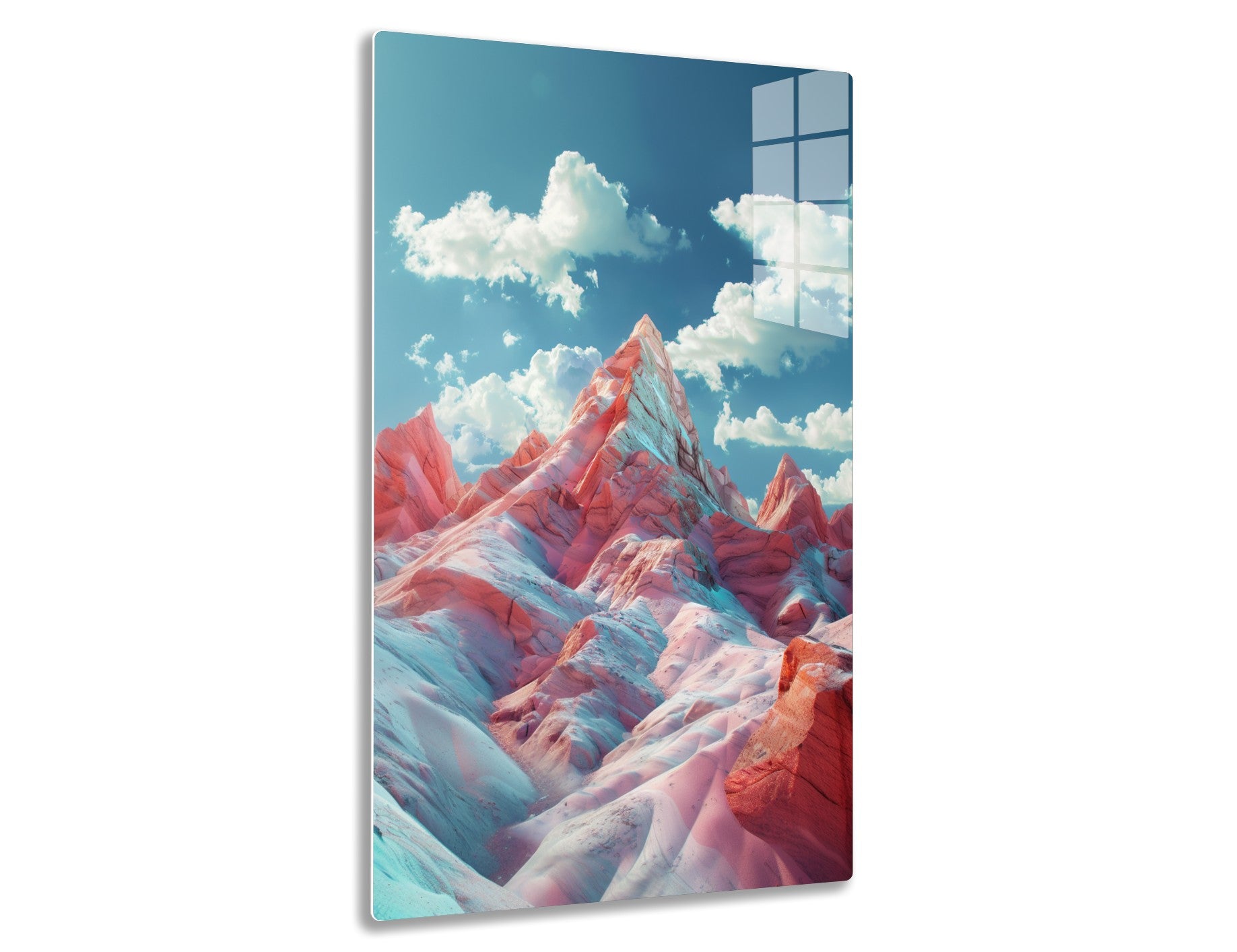 Surreal landscape featuring towering red and blue mountains with jagged peaks against a cloudy blue sky, creating a striking and otherworldly scene.
