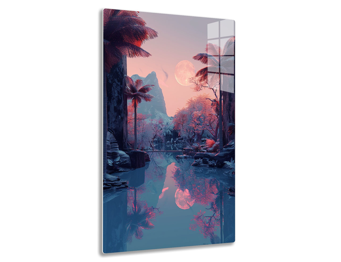A serene moonlit landscape with pink and blue hues, featuring palm trees, mountains, a pond with reflections, and blossoming trees creating a tranquil, dreamy atmosphere.
