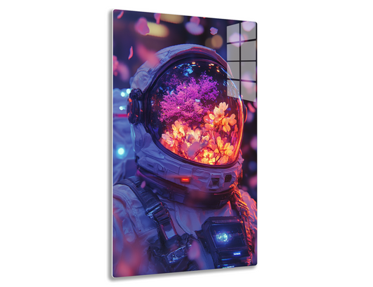 An astronaut helmet filled with vibrant pink and yellow flowers, creating a surreal and dreamlike scene against blurred bokeh lights in the background.
