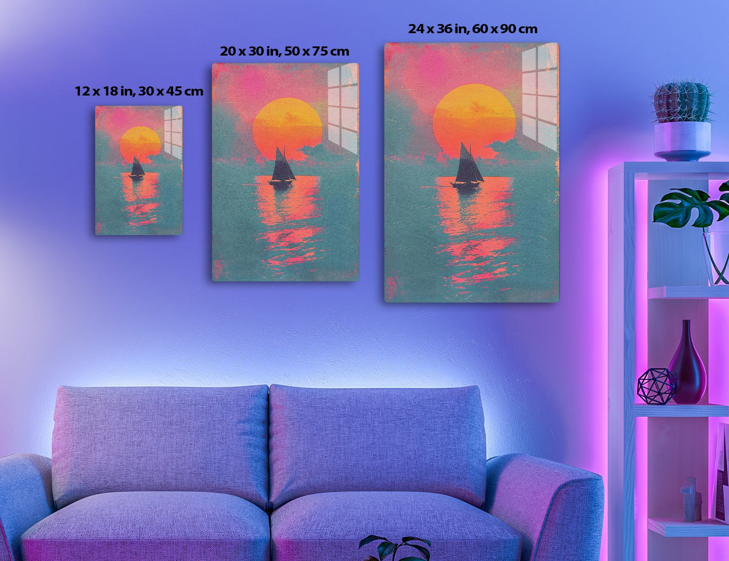 A sailboat silhouetted against a vibrant orange sunset reflecting on the water's surface, with pink and blue clouds in the sky, creating a serene and picturesque scene.
