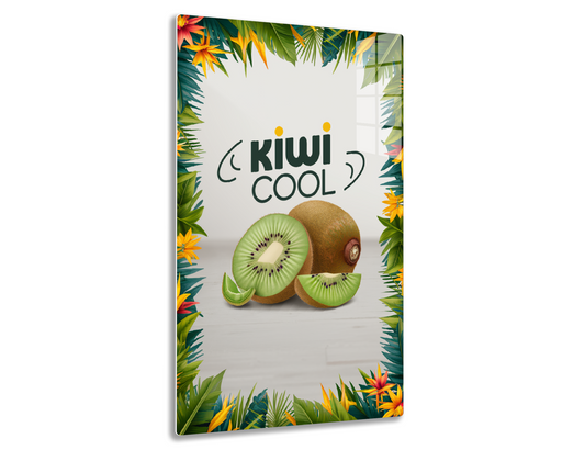 Tropical frame with colorful flowers and palm leaves around the text "Kiwi Cool" and a realistic kiwi fruit sliced open showing its green flesh with black seeds.

