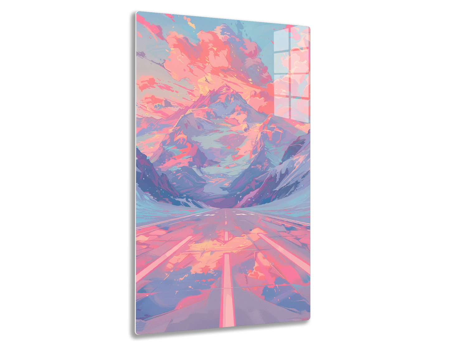 A vibrant, surreal landscape painting featuring a snow-capped mountain surrounded by colorful clouds reflecting in a still lake, with a long straight path leading towards the mountain under a dramatic pink and blue sky.
