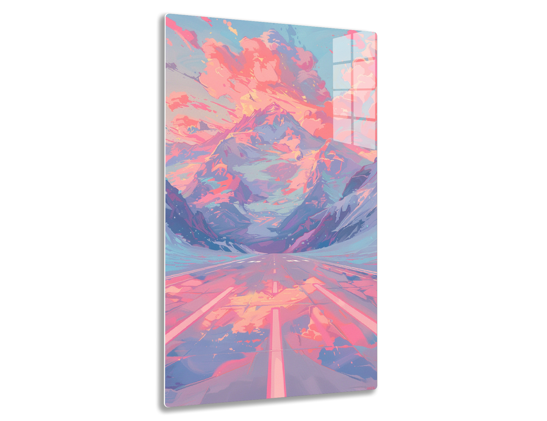 A vibrant, surreal landscape painting featuring a snow-capped mountain surrounded by colorful clouds reflecting in a still lake, with a long straight path leading towards the mountain under a dramatic pink and blue sky.
