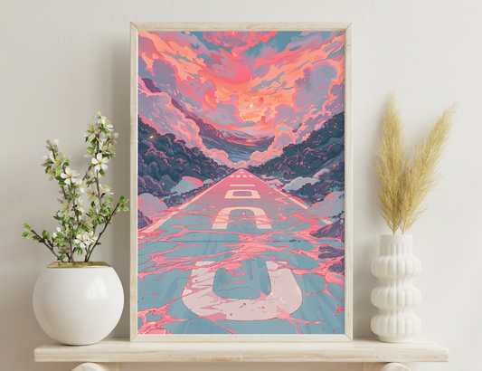 A vibrant, surreal landscape painting featuring a long symmetrical path leading towards a pyramid-like structure amidst towering mountains and a dramatically colorful, cloudy sunset sky.
