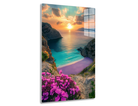 A stunning sunset over a secluded bay, with rocky cliffs framing vibrant turquoise waters reflecting the orange and pink clouds. Bright purple wildflowers in the foreground add a burst of color to the breathtaking natural
