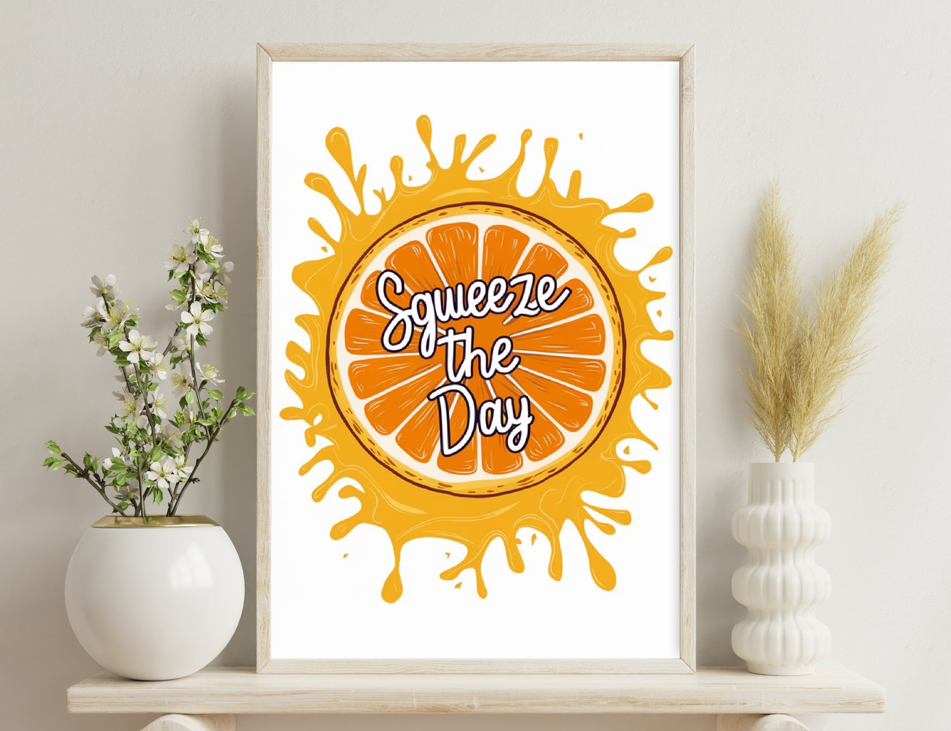 An orange juice splash with text "Squeeze the Day" in the center, designed in a cheerful and energetic style.
