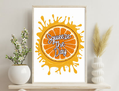An orange juice splash with text "Squeeze the Day" in the center, designed in a cheerful and energetic style.
