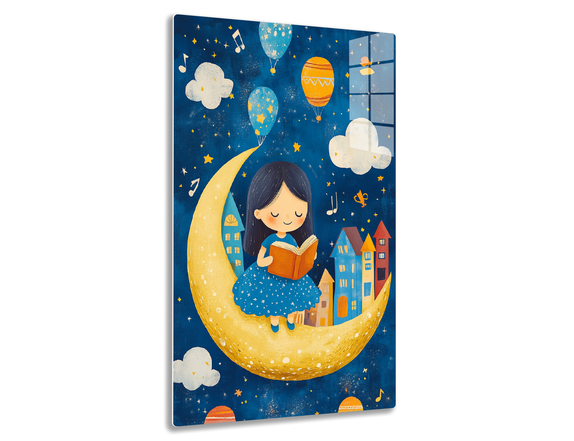 A young girl with black hair sits reading a book on a crescent moon against a starry night sky filled with hot air balloons, clouds, music notes, and whimsical buildings.
