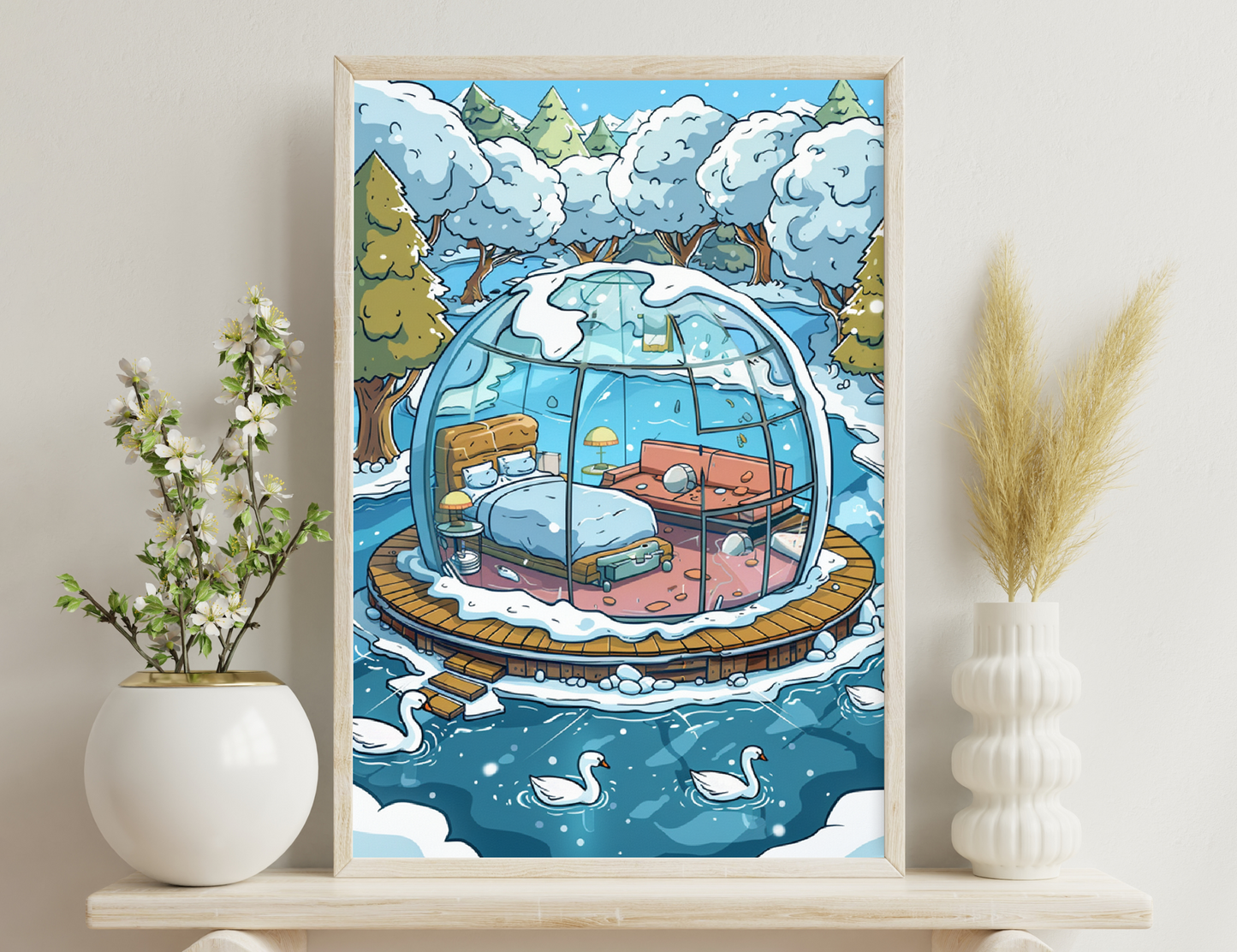 A cozy glass dome sits on a wooden platform in a snowy winter landscape with trees and mountains. Inside, there's a living area with couches, lamps, and swans swimming in the surrounding water.
