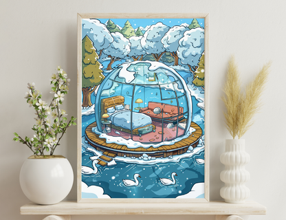 A cozy glass dome sits on a wooden platform in a snowy winter landscape with trees and mountains. Inside, there's a living area with couches, lamps, and swans swimming in the surrounding water.
