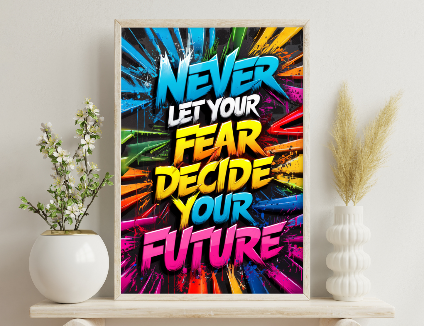 "Never let your fear decide your future" text in bold colors with vibrant splashes of paint in the background, motivational and inspiring graphic design.
