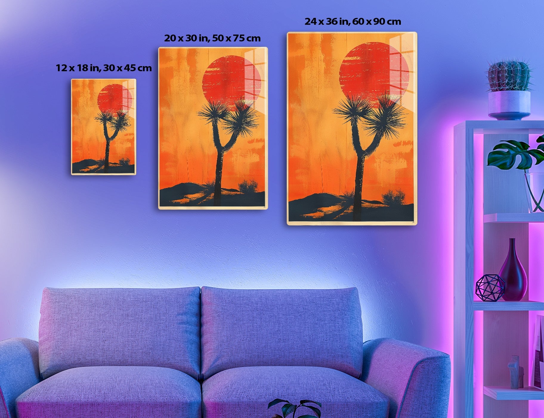 A stylized landscape illustration with a large red sun, silhouetted palm trees against an orange sky, and dark hills in the foreground.
