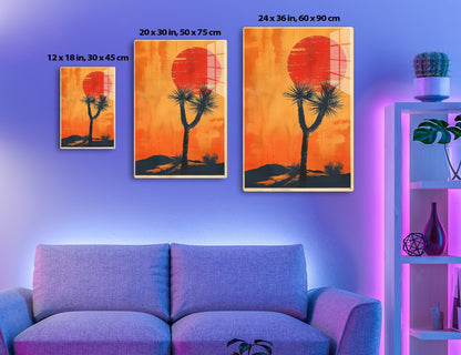 A stylized landscape illustration with a large red sun, silhouetted palm trees against an orange sky, and dark hills in the foreground.
