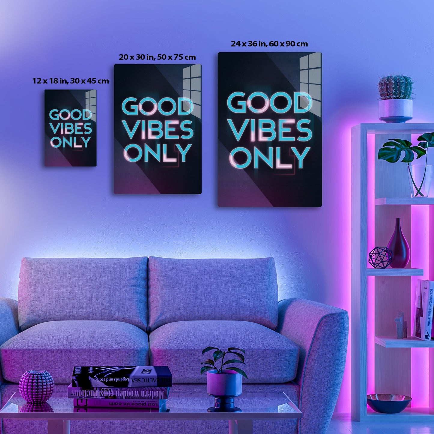 Good vibes only neon sign in teal and pink colors against a dark background with stars.
