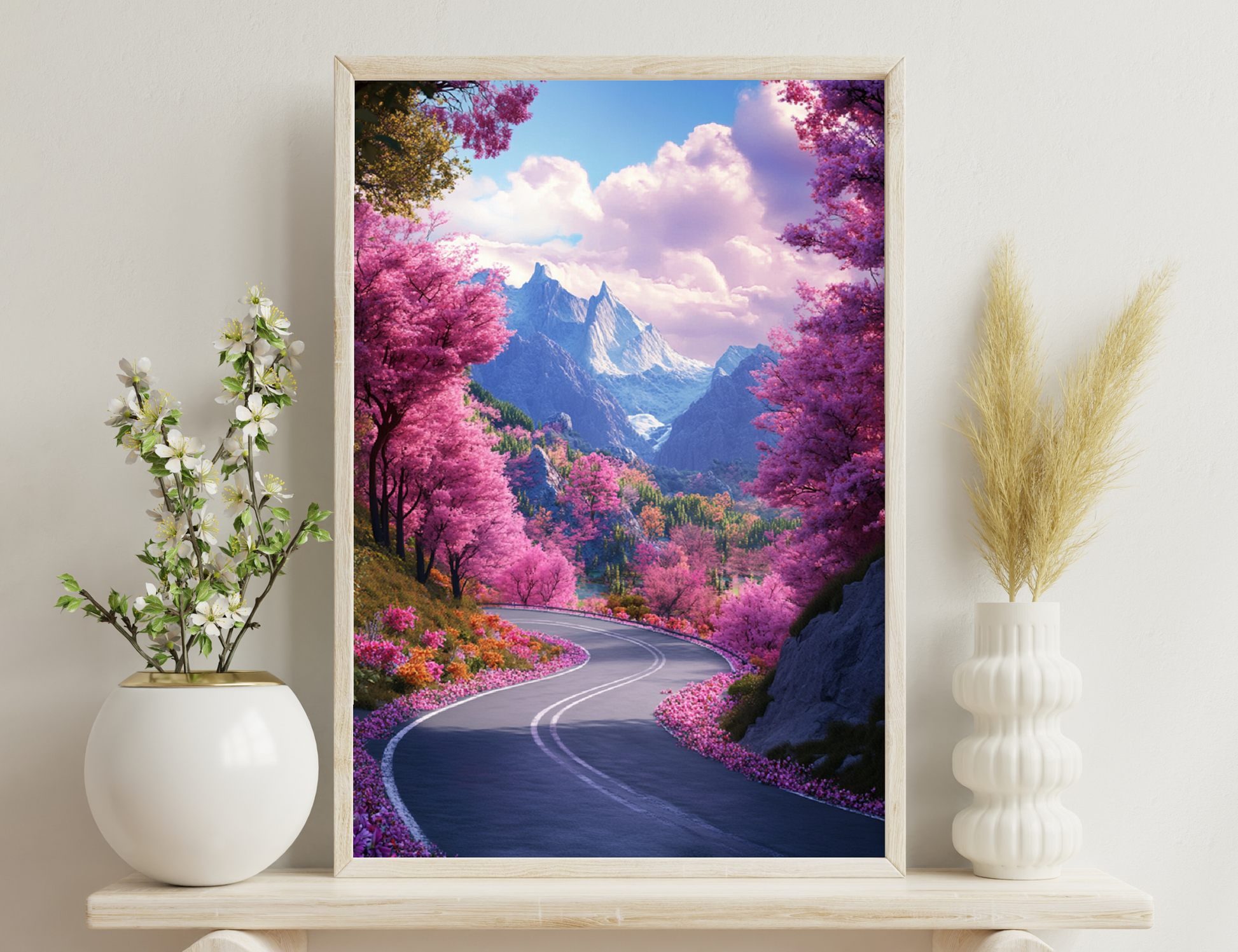A winding road leads through a vibrant pink forest with blooming cherry trees towards majestic snow-capped mountains against a cloudy blue sky, creating a surreal and serene landscape scene.
