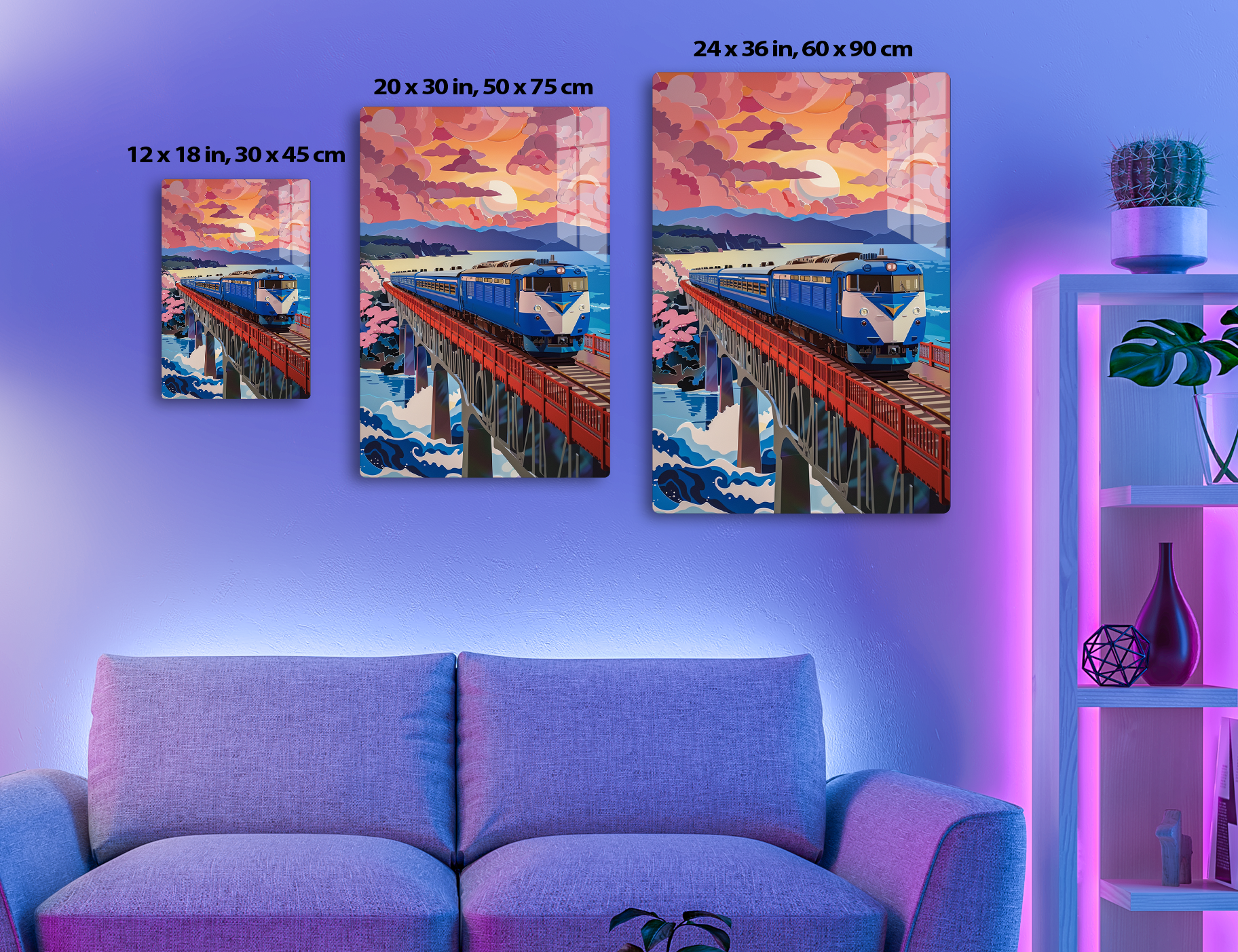 A colorful illustration of a passenger train crossing a bridge over a river against a vivid sunset sky with billowing clouds and mountains in the background.
