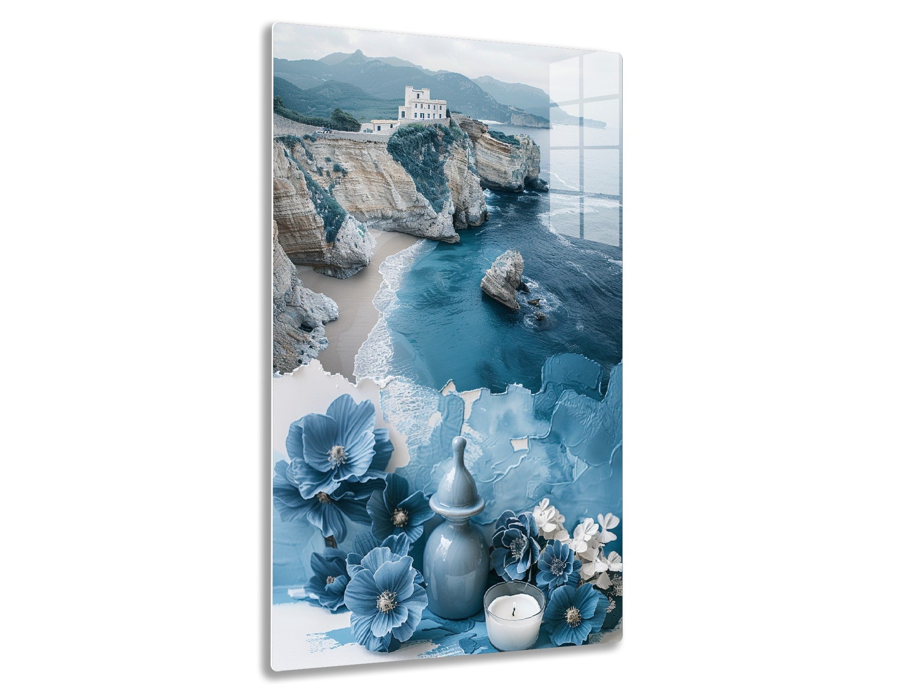 A scenic image of a cliffside building overlooking a turquoise sea and unique rock formations, combined with a floral arrangement of blue and white flowers and a decorative vase with a lit candle in the foreground.
