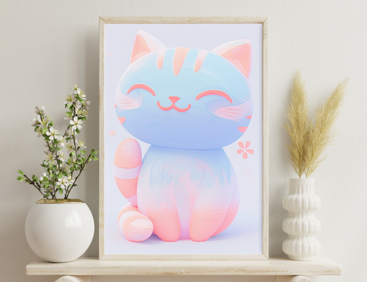 A plump, cartoon-style blue and pink cat with closed eyes and a content expression, rendered in a soft, pastel color palette.
