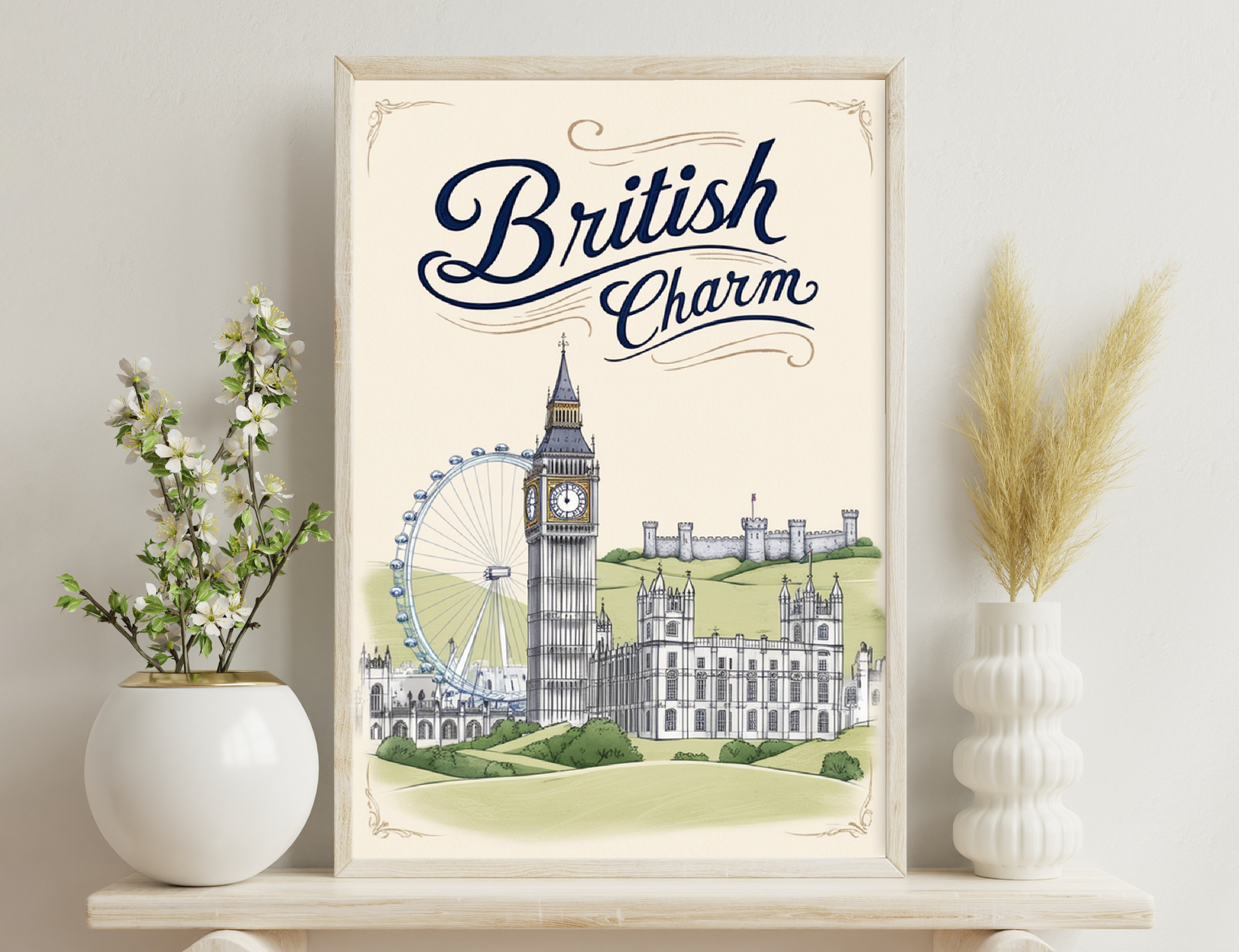 British landmark icons illustration featuring Big Ben clock tower, London Eye ferris wheel, palace buildings and text "British Charm".
