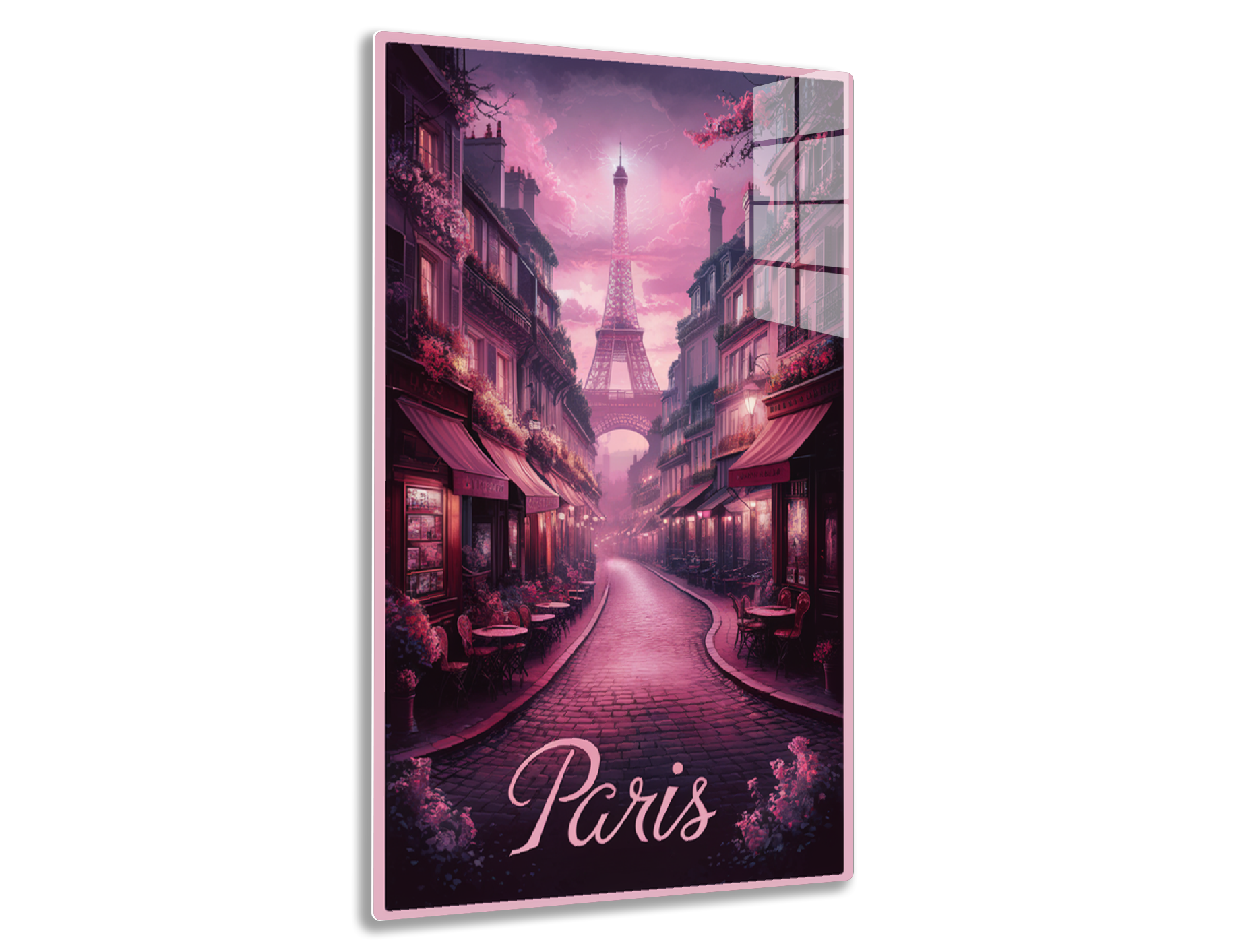 Paris street view with the Eiffel Tower in the distance, lined with quaint buildings, outdoor cafes, and blossoming trees in shades of pink creating a dreamy, romantic atmosphere.
