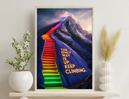 A surreal image depicting a rainbow-colored staircase leading up to a towering mountain peak, with motivational text that reads "The only way is up. Keep climbing."
