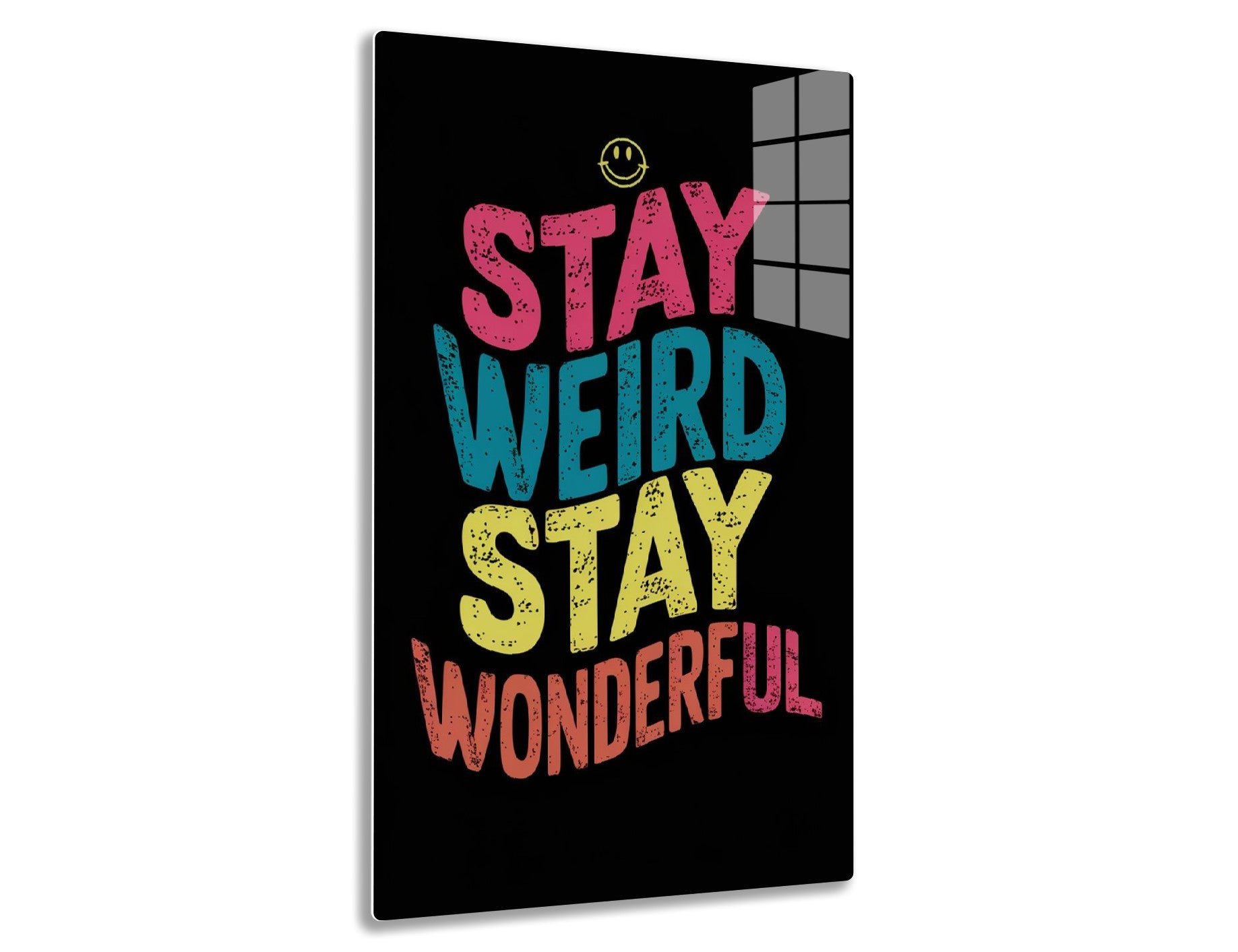 Stay weird, stay wonderful - Grungy text in pink, blue, and yellow with a smiley face icon on a black background, encouraging individuality and embracing one's unique qualities.
