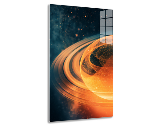 A spectacular view of Saturn's rings, glowing in warm orange and golden hues against the backdrop of a star-studded deep blue cosmic sky. The detailed, intricate patterns of the icy rings encircle the planet's surface,

