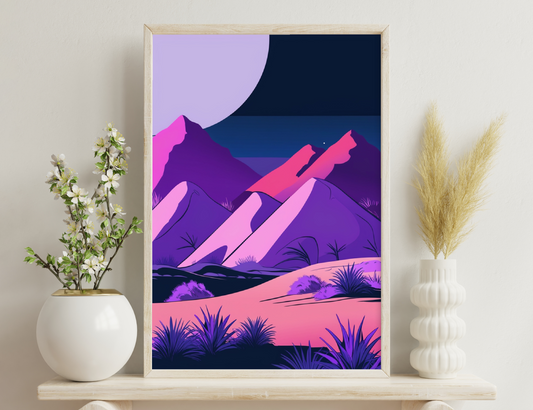 Desert landscape at night with vibrant purple, pink and blue mountains against a starry sky, featuring yucca plants and cacti in the foreground.
