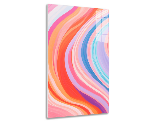 Colorful abstract swirling lines in warm hues of pink, orange, red and cool tones of blue, purple forming a vibrant fluid pattern.
