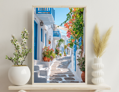 A picturesque alleyway in a traditional Greek village, featuring white-washed buildings with blue doors and windows, adorned with vibrant bougainvillea flowers and potted plants, and a cobblestone path leading through the
